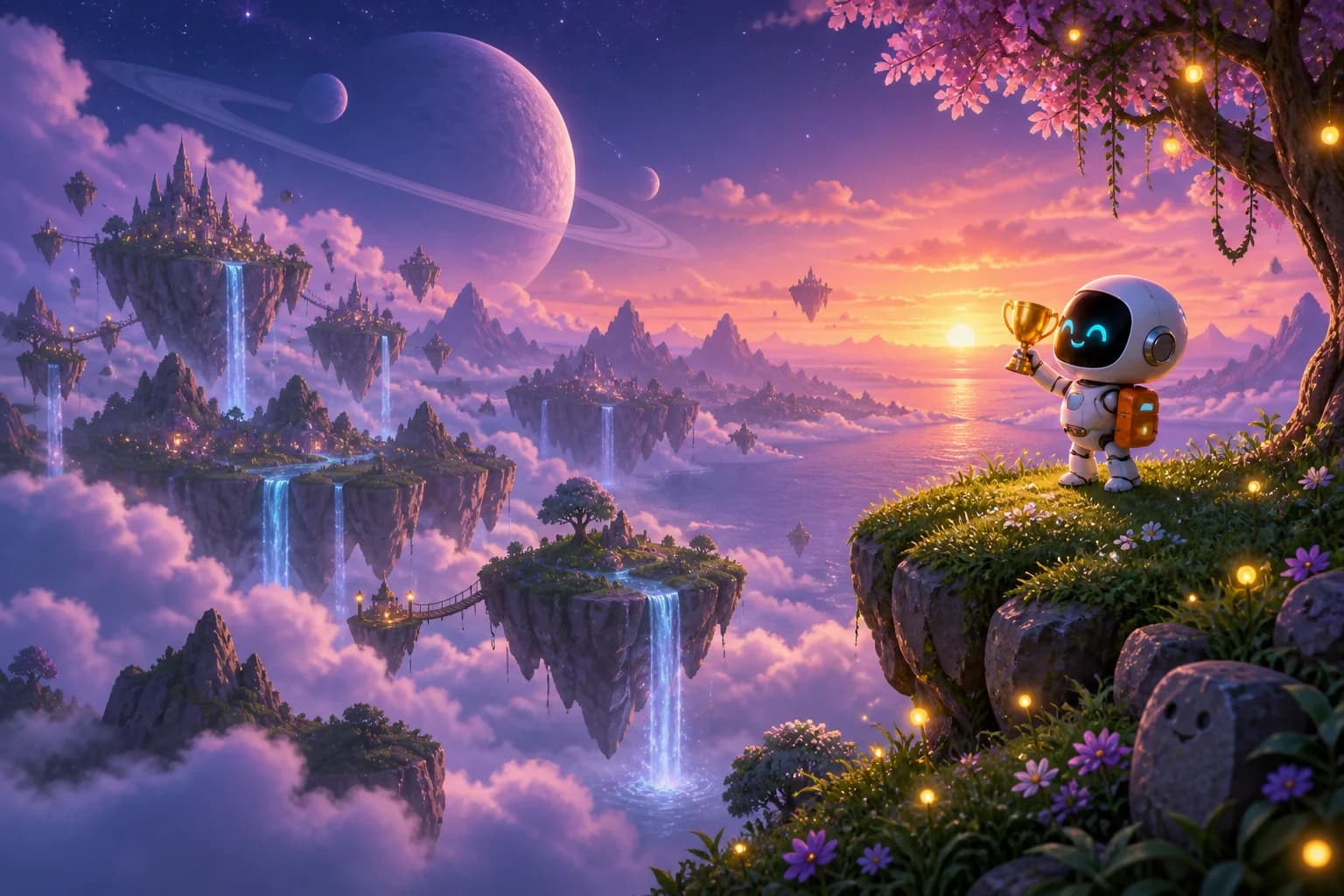 A little trophy-carrying explorer looks out over a magical world of floating islands